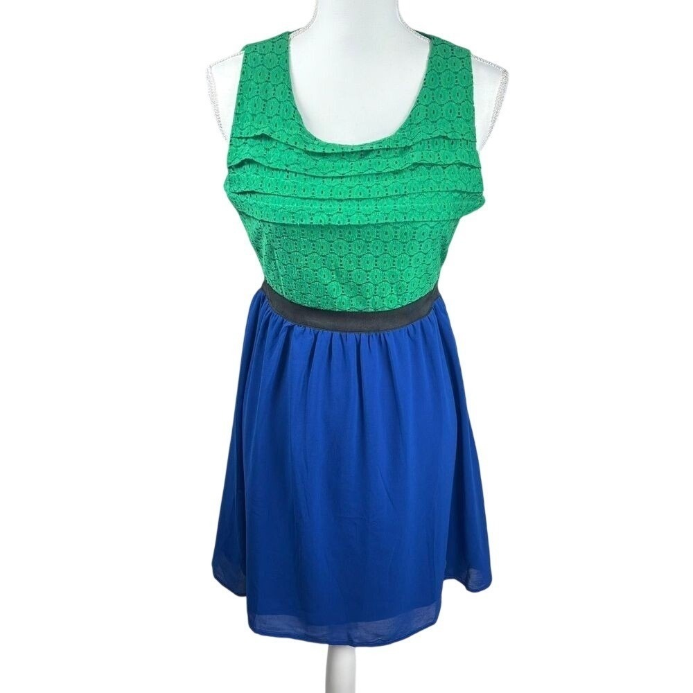 Emmelee Colorblock Empire Waist Mini Dress M Green‎ Blue Dress Ruffle Keyhole